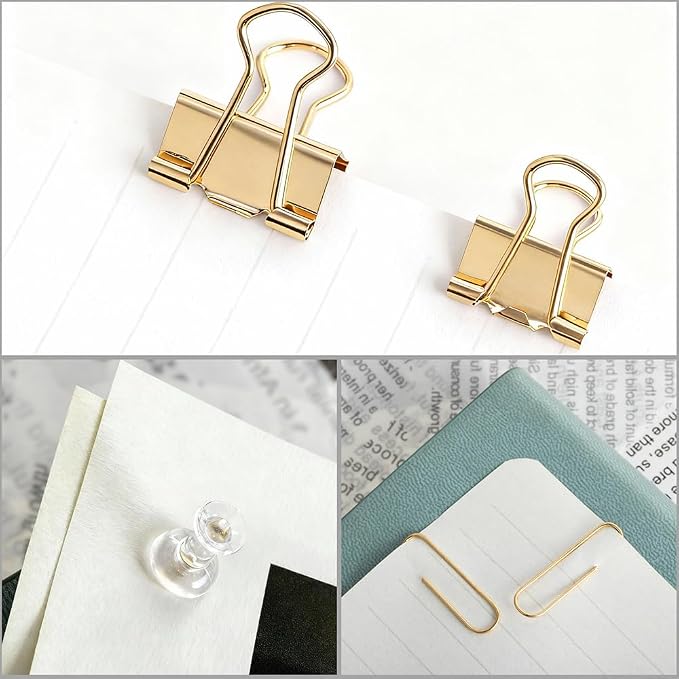 Cute Office Supplies Gold, Paper Clips, Binder Clips and Push Pins Set, Paper Organizer Clips with Storage Box