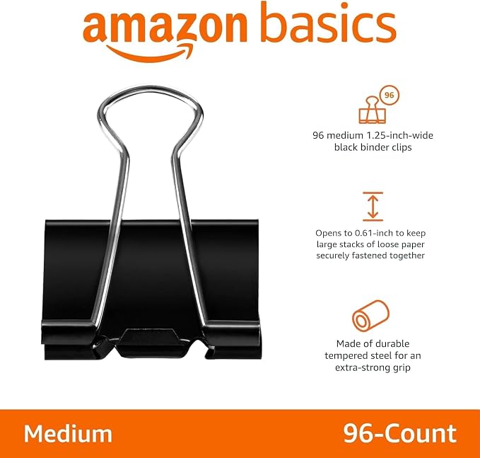 Amazon Basics Sturdy Binder Clips, Office Supplies, Medium 1.25 in, Document Organizing, Black, 96 Count (8 Pack of 12)