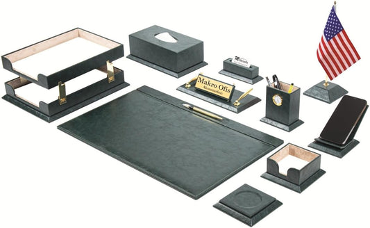 Bonded Leather Desk Organizer Set – Executive 12-Piece Desk Mats, Name Plate, Pens, Coasters & Office Accessories – Office Organization & Decor