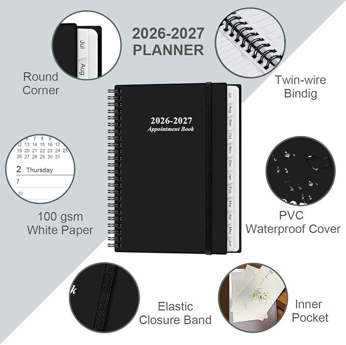 2026-2027 Appointment Book & Planner - Hourly Planner from July 2026 - June 2027, Weekly Appointment Book 2026-2027 with 30-Minute Interval, 6.4" x 8.5", Black