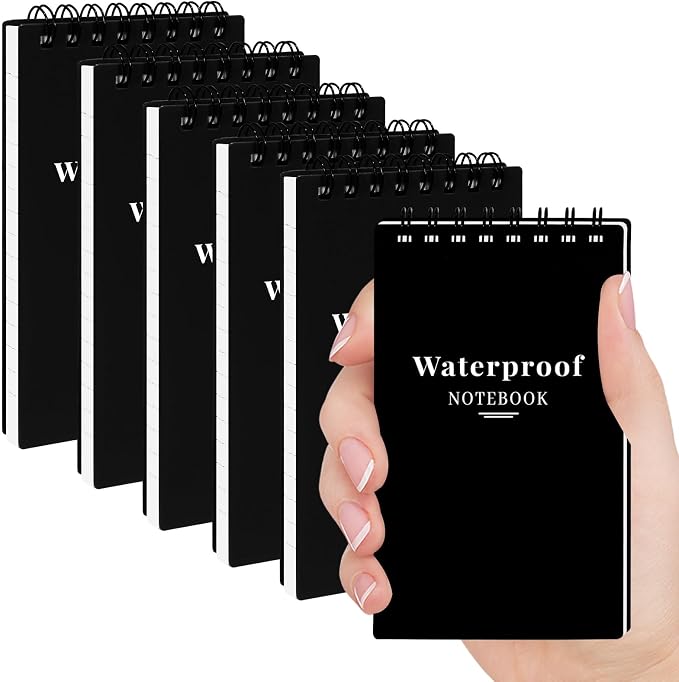 6 Pack 3x5" Waterproof Mini Notebook, Top Spiral Small Notepad for Outdoor | Pocket Notepad, Stone Paper Note Pads, All-Weather Tearproof Stain & Grease Resistant, for Camping Office Travel Work School