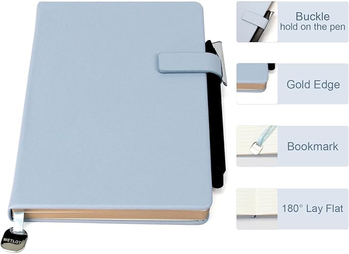 A5 Hard Cover Lined Notebook, Pen Holder & Gold Edges, 180° Lay Flat Journal, Large 5.7 x 8.4 in, Bookmark & Gift Box, Business Notebook for Work, Study, Travel(Light Blue)
