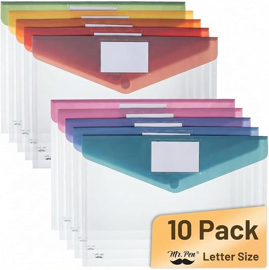 Mr. Pen- Clear Plastic Envelopes File Folders, 10 Pack, A4, Letter Size | Colorful Flaps, Clear Folders for Documents Plastic Poly Envelopes with Label for School, Home, Work, Office, Organizer