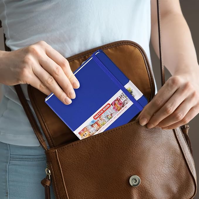 5x5" Pocket Sketch Book,80gsm Hardcover Art Sketchbook for Drawing Journal | PU Cover,Blank Paper,96Sheets/192Pages,Lay-Flat,Portable Travel Creation Paint Diary Memo Planner,Dry Media.Sapphire Blue