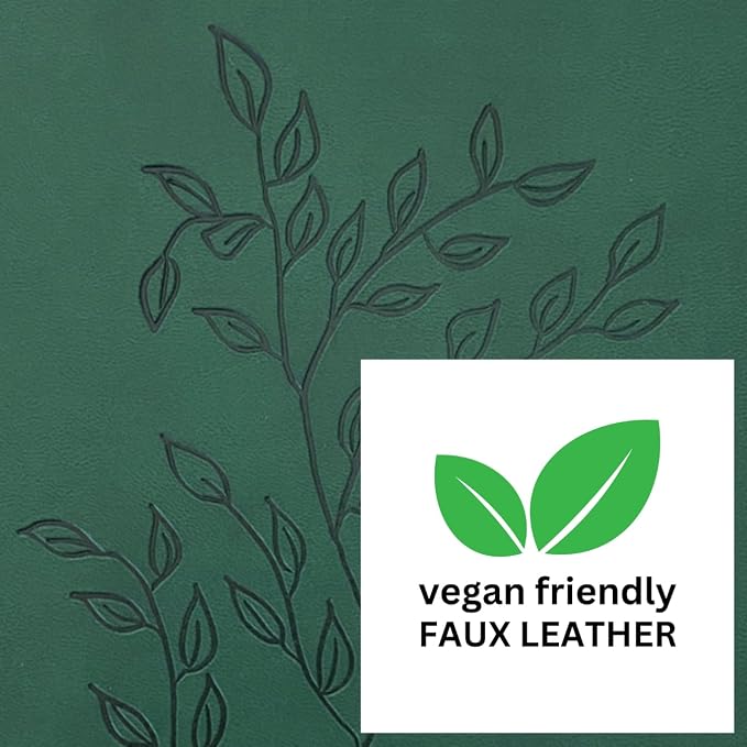 RICCO BELLO Lined Journal Notebook, Green Leaves, 5.7 x 8.4-Inches | Faux Leather Hardcover, College Ruled, 96 Sheets / 192 Pages, Pen Holder, For Work & Notes