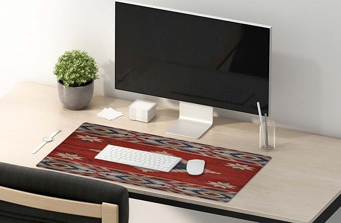 SSOIU Extended Gaming Mouse Pad (35.5x15.7 in), Large Stable Rubber Base Mousepad with Stitched Edges, Keyboard Mouse Mat Desk Pad for Work, Game, Office, Home - American Southwestern Tribal Pattern