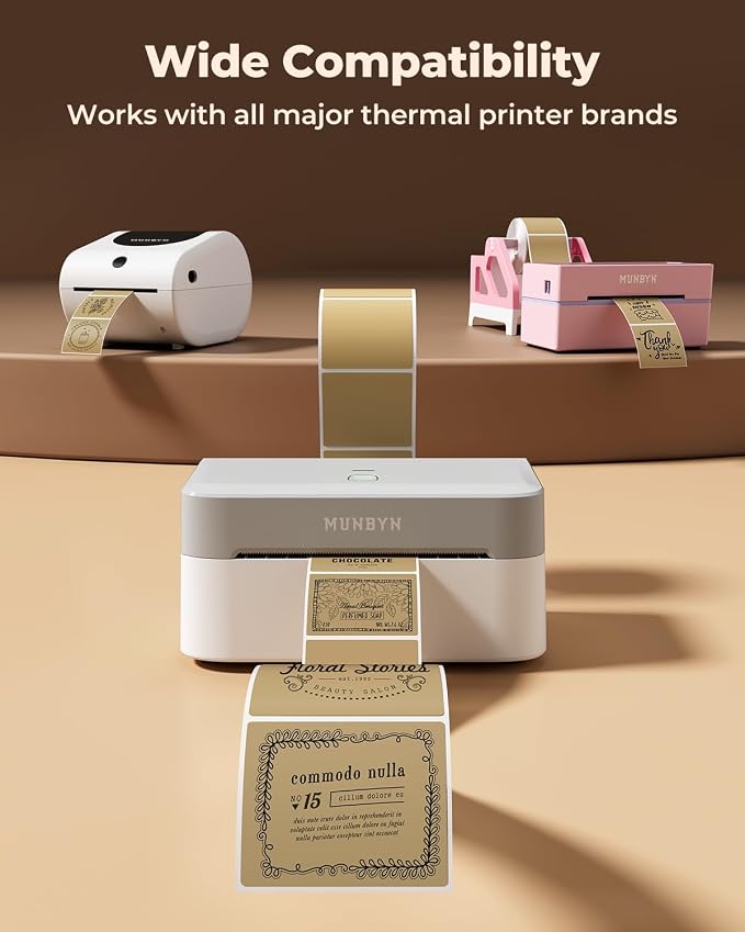 MUNBYN 2x2 Thermal Labels, 750 Sheets/Roll, Brown | Strong Adhesive & Perforated, Non BPA&BPS for Small Business, Barcode, Bakery, Shipping