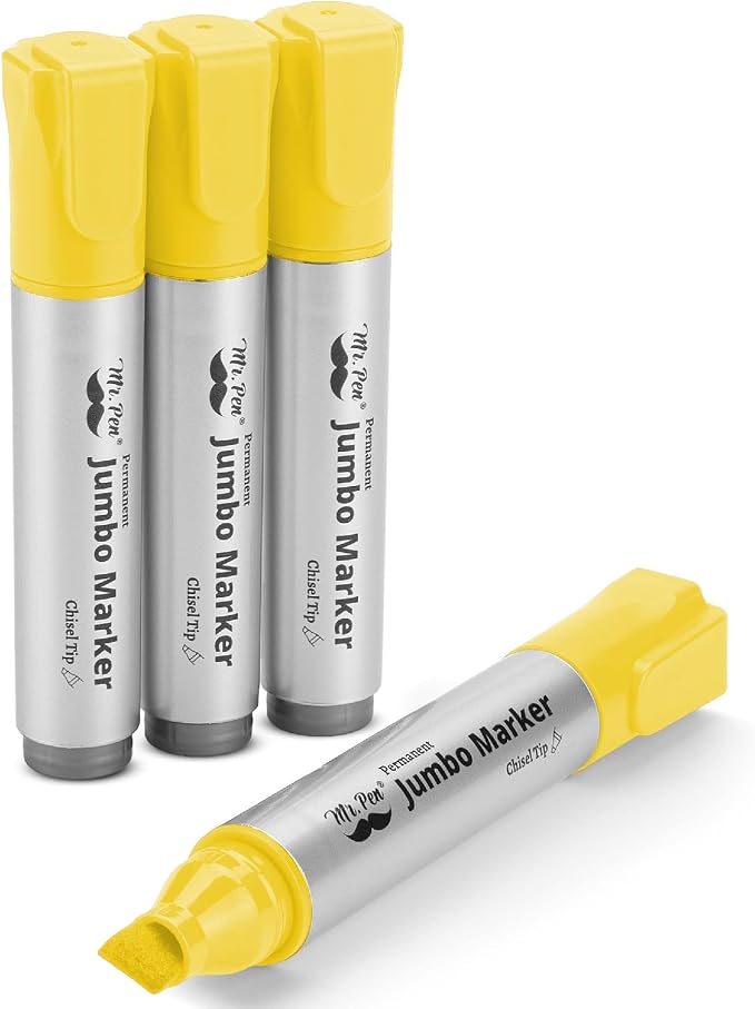 Mr. Pen- Jumbo Permanent Markers, 4 Pack, Yellow, Chisel Tip, Wide Tip | Large, Thick Permanent Markers for Canvas, Posters Board, Fabric, Window, Glass, Wood, Waterproof, Quick Dry