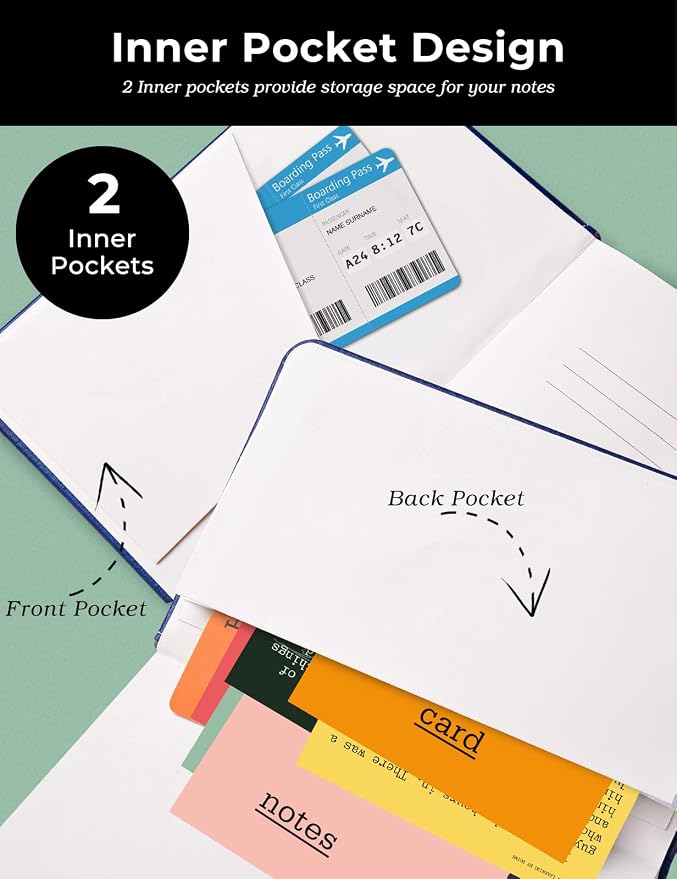 AISBUGUR Pocket Notebook Small Notebook 2-Pack, 3.7" x 5.7" Pocket Notebooks Hardcover with Thick Lined Paper, Inner Pockets, Cover Letter Embossing Design Mini Journal Notepad Black+Navy