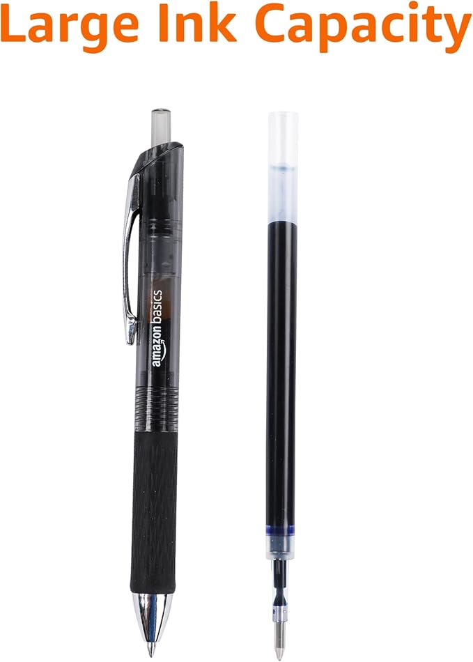 Amazon Basics Retractable Gel Pens, Fine Point 0.7mm, Smooth Writing, Black, No Smudge, School and Office Supplies, 12-Pack