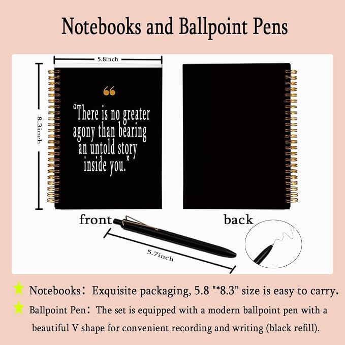 Notebook with Pen Set Maya Angelou "Untold Story", A5 Spiral Mental Health Journal for Women Men, 160 Pages College Ruled Writer Diary, Inspirational Recovery Gift, Black & Gold