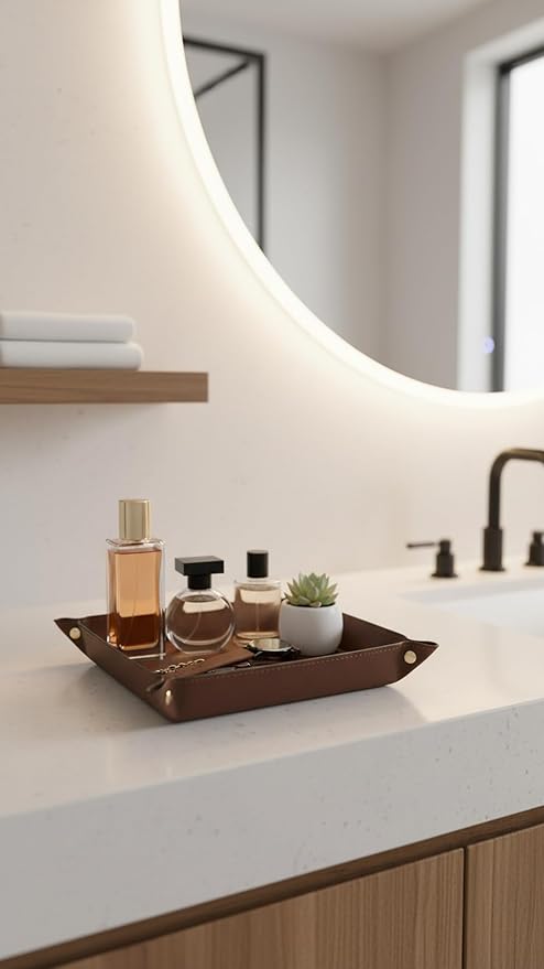 VLANDO Valet Tray Organizer, Foldable PU Leather Catchall Tray, Brown | Large 8.5 Inch Nightstand Dresser Desk and Entryway Organizer for Keys, Wallet, Watch, Phone, Coins and Jewelry