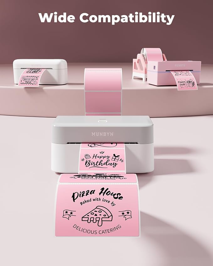 MUNBYN 3x2 Thermal Labels, 500 Sheets/1 Roll, Pink | Strong Adhesive & Perforated, Non BPA&BPS for Small Business, Shipping, Bakery, Barcode, Price Tag