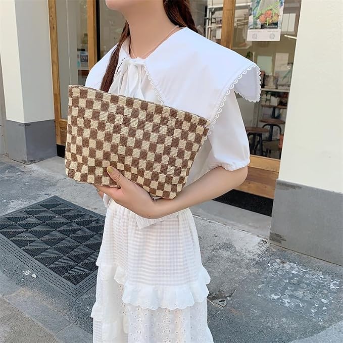 PAZIMIIK Checkered Makeup Bag for Purse, Small Flat Cosmetic Pouch,Coffee | Cute Zipper Makeup Organizer for Women, Travel Essentials, Toiletries, Makeup Brushes, Beauty Accessories&Bridesmaid Gifts