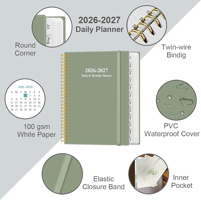 2026-2027 Daily & Monthly Planner - One Page Per Day, Daily Planner from July 2026 - June 2027, Planner 2026-2027 with 12 Monthly Tabs, 8.5" x 11", Green