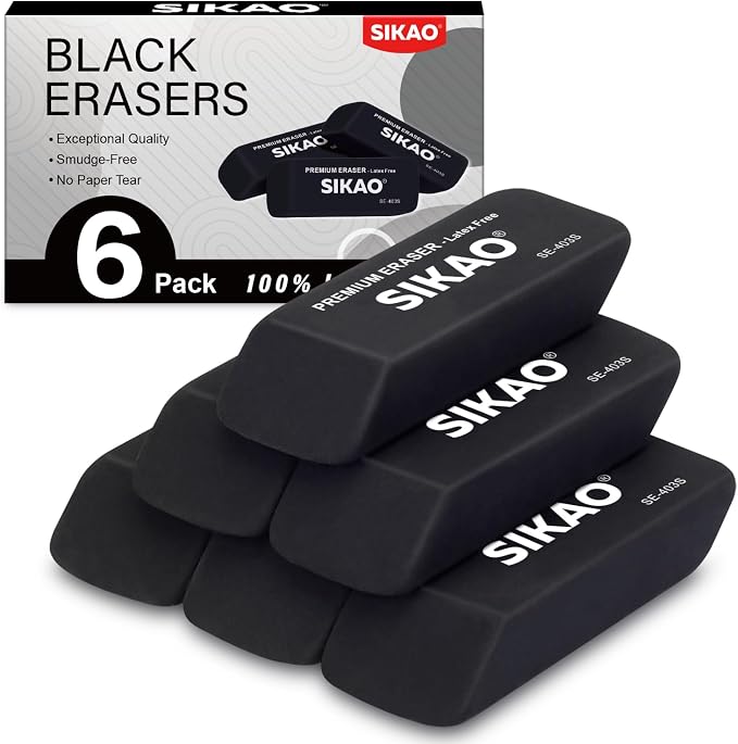 Black Erasers, 6 Pack Block Pencil Erasers | Latex-Free & Smudge-Free Beveled Rubber Erasers for School Supplies, Classroom, Office & Homework
