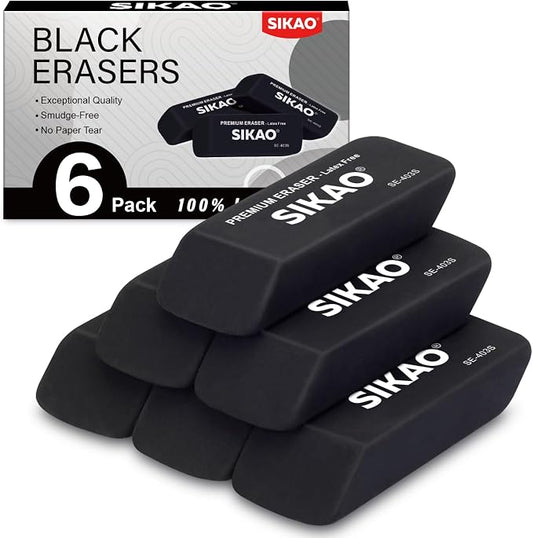 Black Erasers, 6 Pack Block Pencil Erasers | Latex-Free & Smudge-Free Beveled Rubber Erasers for School Supplies, Classroom, Office & Homework