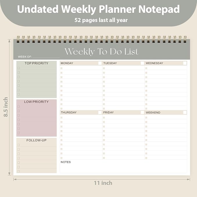 Weekly To Do List Notepad, Undated Planner with 52 Sheets (8.5''x11'') | Desk Accessories and Supplies, Women & Man, Home School & Work
