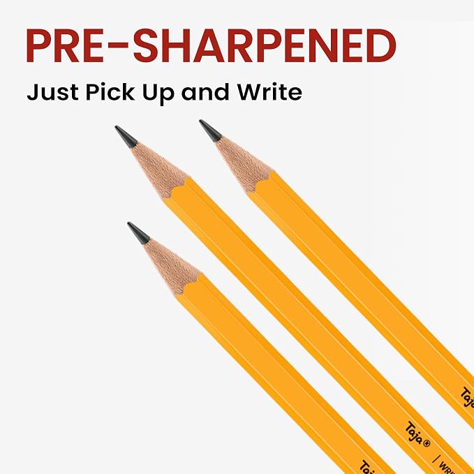 Taja 50 Pack Wood-Cased #2 HB Pencils, Bulk Pre-Sharpened Pencils with Top Erasers, Perfect for School & Classroom Writing and Drawing - Yellow