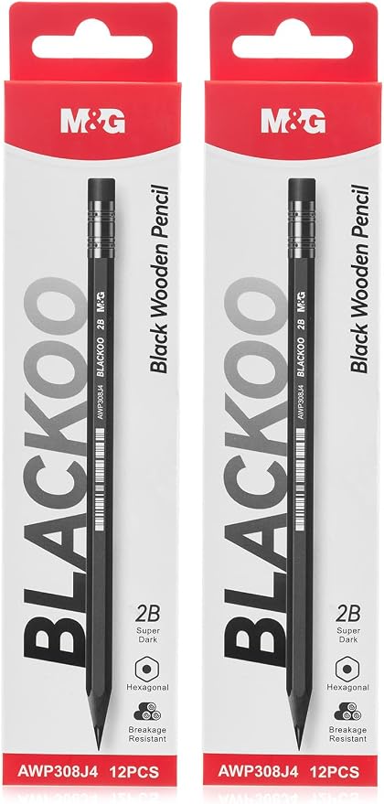 M&G BLACKOO Series 2B Wood-Cased Pencils, 24-Pack Pre-Sharpened with Top Erasers, Bulk Black Pencils for School, Teachers, Writing, Drawing and Sketching (Black)
