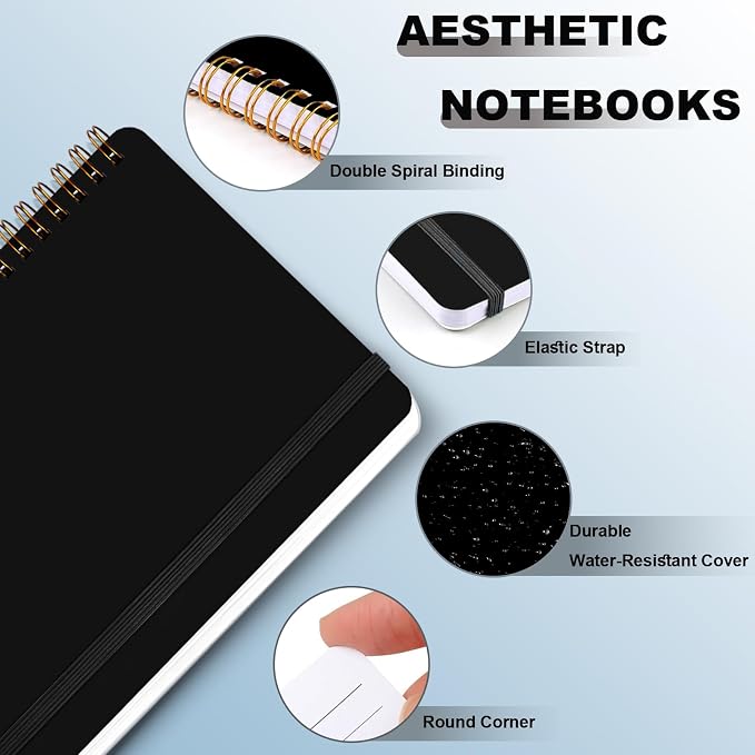 4 PCS Spiral Notebook, Spiral Journal Notebook, Notebooks for Work, Note Taking, School, Small Notebooks with Strap, Cute Notebooks for Women (Black)