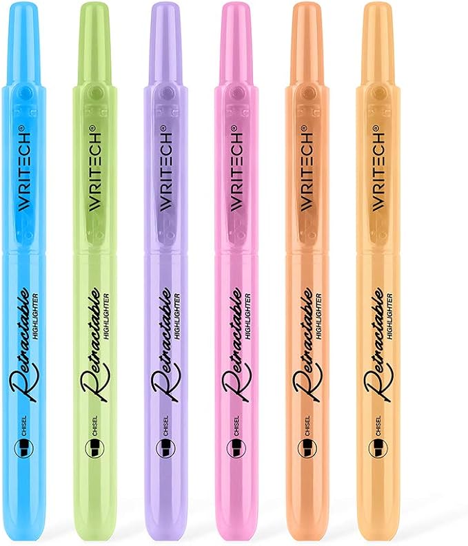 WRITECH Retractable Highlighters Assorted Colors: Chisel Tip Click Aesthetic Highlighter Marker Pens Pack Multi Colored Ink No Bleed Smear for Highlighting Journaling (6ct Pastel)