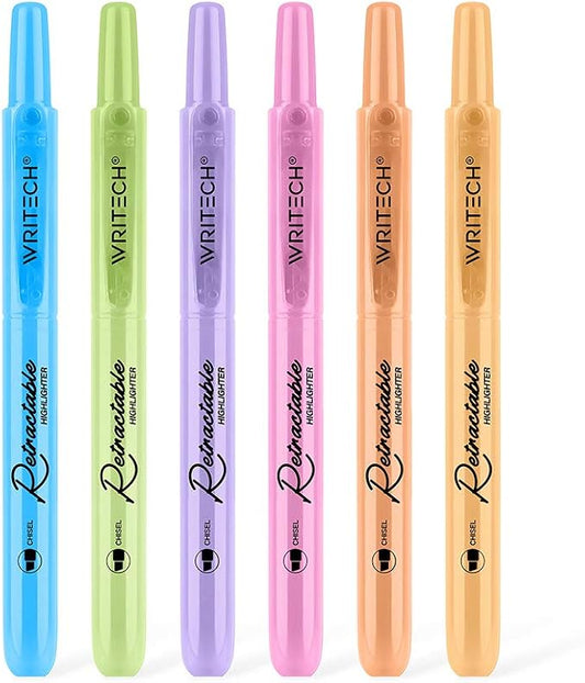 WRITECH Retractable Highlighters Assorted Colors: Chisel Tip Click Aesthetic Highlighter Marker Pens Pack Multi Colored Ink No Bleed Smear for Highlighting Journaling (6ct Pastel)