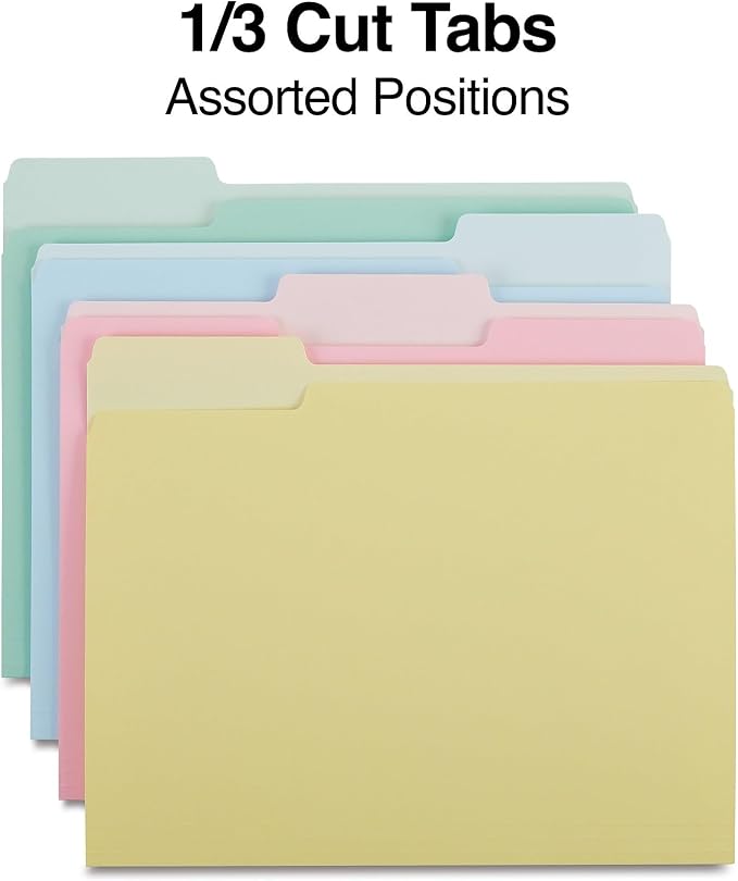 Staples File Folder, Letter Size, 1/3‑Cut Tabs, Assorted Pastel Colors, Durable Paper Stock, 200/Carton