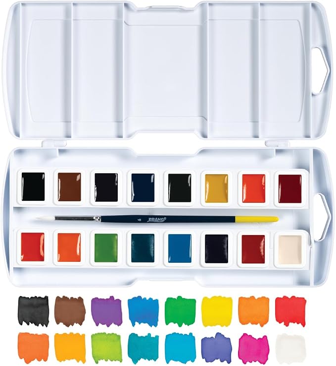 Prang Semi-Moist Watercolors 16-Color Half Pan Paint Set, Pack of 1 | Refillable, Size 6 Paint Brush Included
