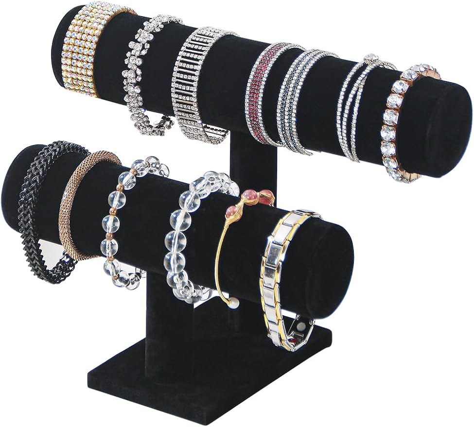 Coward 2 Tier Bracelet Holder Jewelry Display Stand, Necklace Bangle Bracelet Watch Organizer Storage Rack, Jewelry Show Tower for Women (Black Velvet)