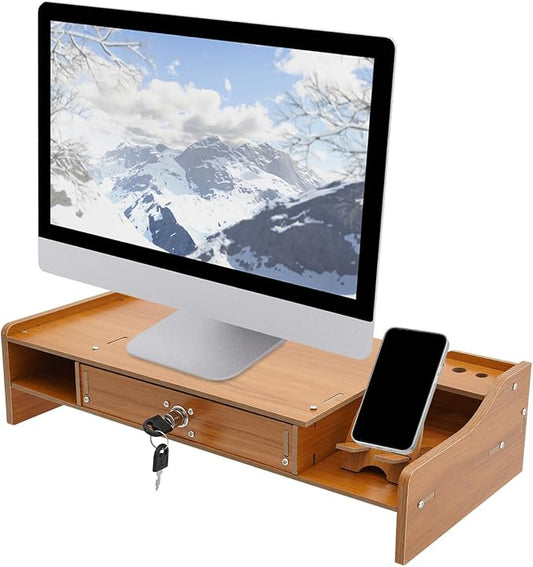 Tabletop Computer Rack, Computer Monitor Stand with Lockable Drawer & Phone Holder, Wood Monitor Stand, Suitable for Study, Office and Desk