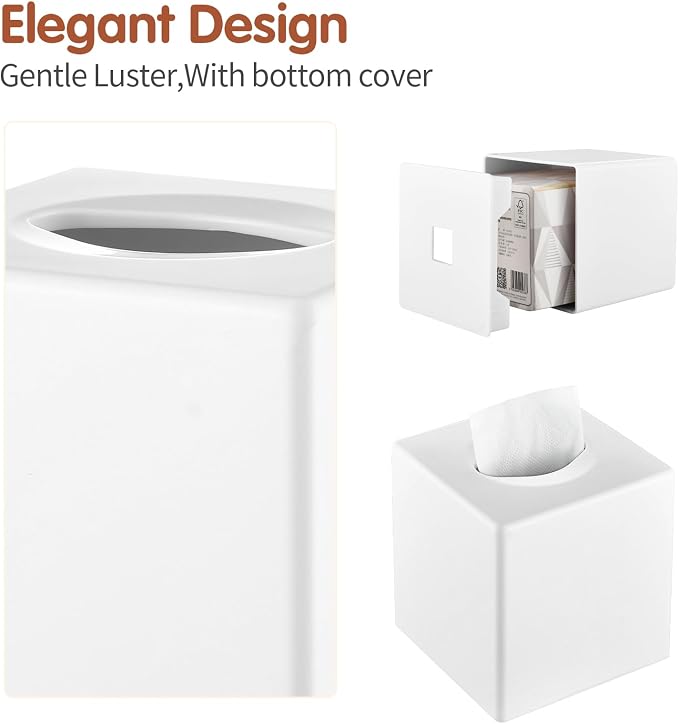 Y-in Hand Tissue Box Cover, Modern Decorative Square Facial Storage Tissue Box Holder, Home Accessories for Bathroom Vanity Countertops, Dressers, Night Stand, Parlors and Office - White