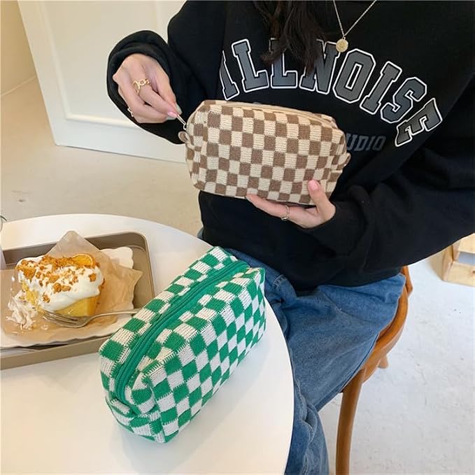 Checkered Makeup Bag for Purse, Small Travel Cosmetic Pouch,Coffee,6 Pack | Cute Zipper Makeup Organizer for Women, Travel Essentials, Toiletries, Makeup Brushes, Beauty Accessories&Bridesmaid Gifts