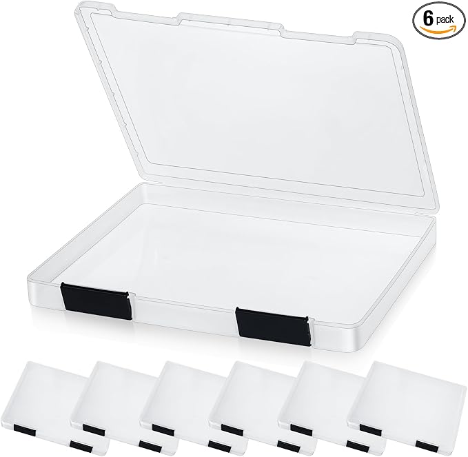 PerKoop 6 Pcs Clear Paper Storage Box,12.4 x 9.84 x 1.18 Inches,Black | A4 Plastic File Box Document Paper Organizer Storage Board Game Project Cases Containers with Buckle for Craft, Magazine
