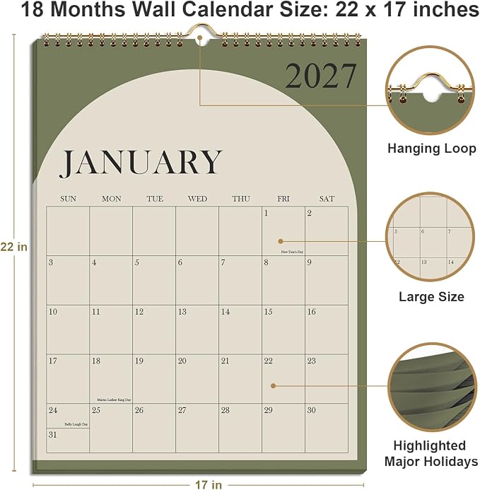 Large Calendar 2026-2027 with Spiral Bound - 18 Month Big Calendar from July 2026 to December 2027, Vertical Large Monthly Calendario 2026-27 for Wall, 22" x 17", Green