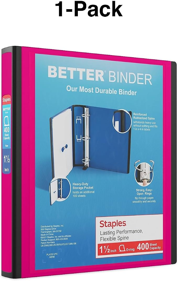 Staples Better 1.5-Inch 3-Ring Binder, Pink – Heavy-Duty Binder for School & Office Organization