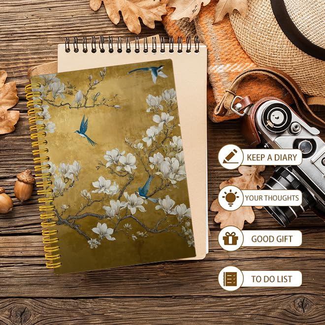 JTRYHRERE Vintage Gold Chinoiserie Floral Bird Spiral Notebook for Work Study, Luxury White Magnolia Floral Blue Bird Notebook Journal for Women Note Taking, 5.5x8.3 Inch