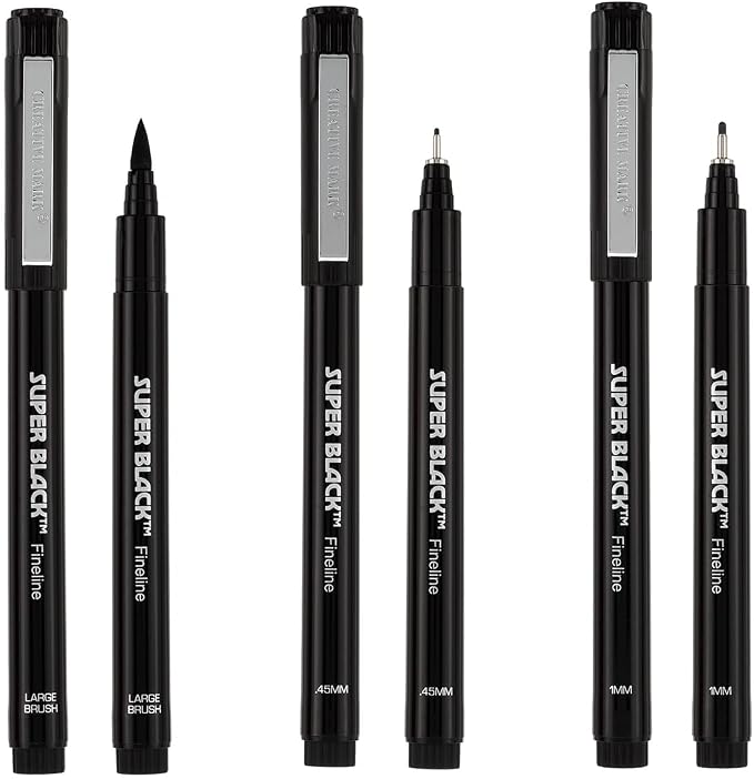 Creative Mark Calligraphy & Fineliner Pen Set of 3 Lettering & Calligraphy Drawing - Super Black, Permanent, Waterproof, & Acid-Free Chisel Nylon-Nibs Pens & Medium Brush Tip