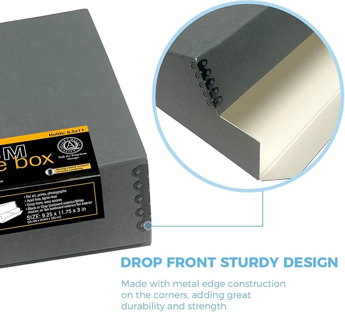 Lineco Museum Archival Storage Box, Drop Front, 9.25x11.75x3 in, Gray | Acid-Free with Metal Edge, Preserves Picture Longevity, Organize Photos, Newspapers, Prints, Documents, Crafts, DIY