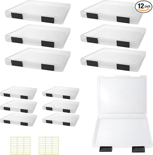 12 Pcs Clear A4 A5 File Box Document Plastic Storage Box with 48 Labels File Holder Organizer Box Paper Plastic Case Magazine Protector with Buckle Office School Supplies(Black)
