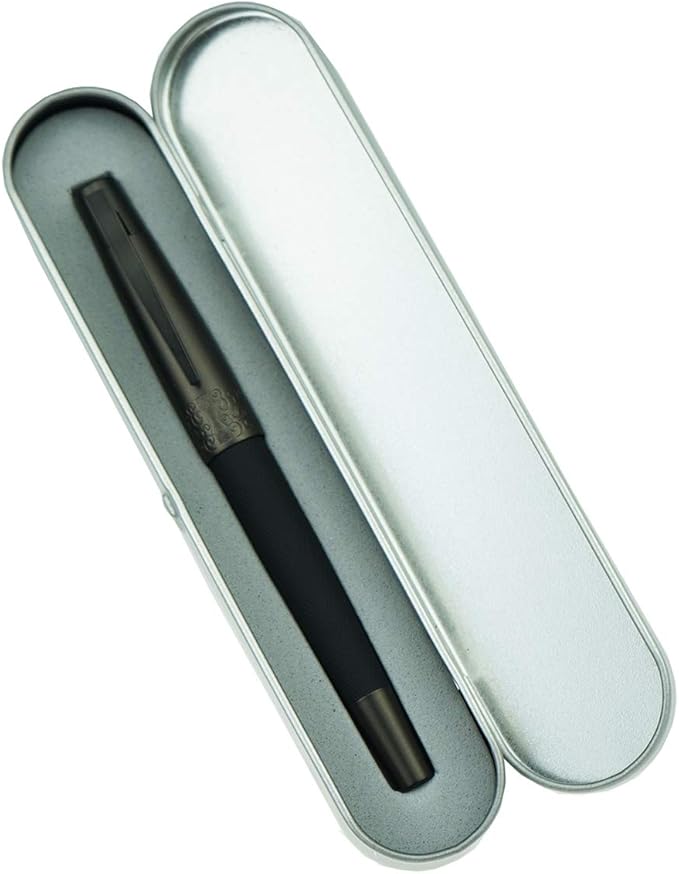 Hongdian 6013 Pure Black General Fountain Pen, PVD Coated Black Medium Nib Solid Metal Pen with Metal Box