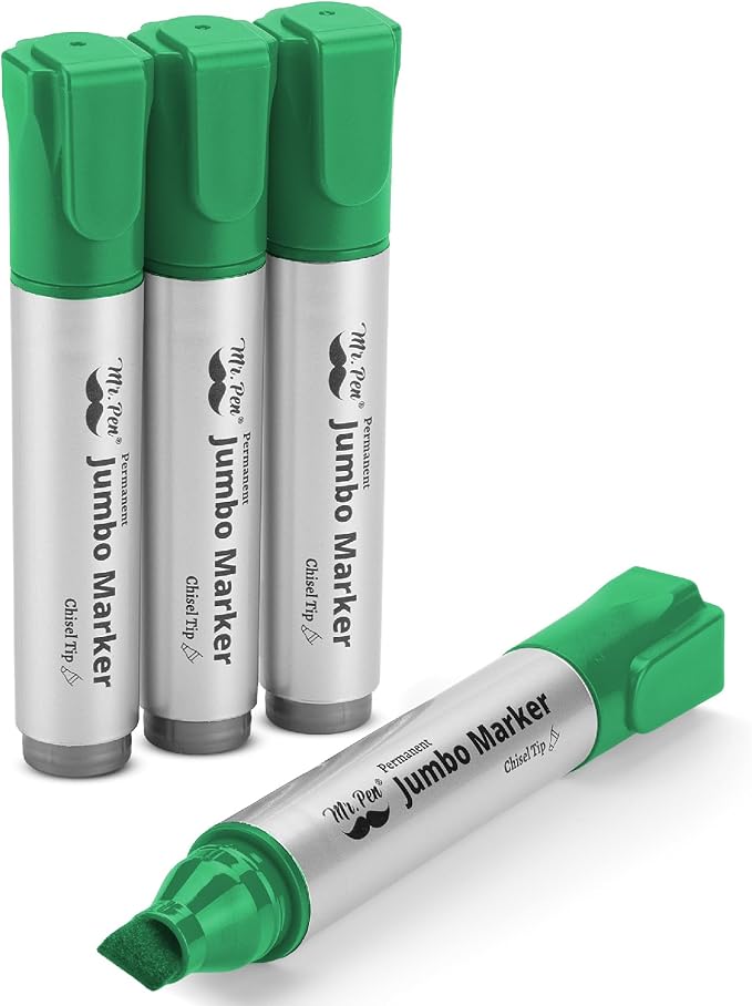 Mr. Pen- Jumbo Permanent Markers, 4 Pack, Green, Chisel Tip, Wide Tip | Large, Thick Permanent Markers for Canvas, Posters Board, Fabric, Window, Glass, Wood, Waterproof, Quick Dry