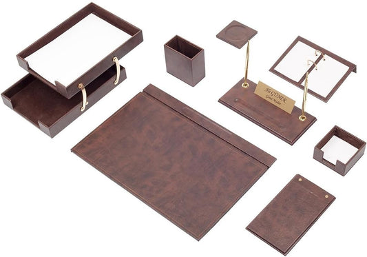 Luna Luxury Leather Desk Set for Men – 10 Piece Executive Office Desk Organizer Set with Document Tray, Desk Pad, Pen Holder, A5 Agenda with Fountain Pen Set – Multiple Color Options (Brown)