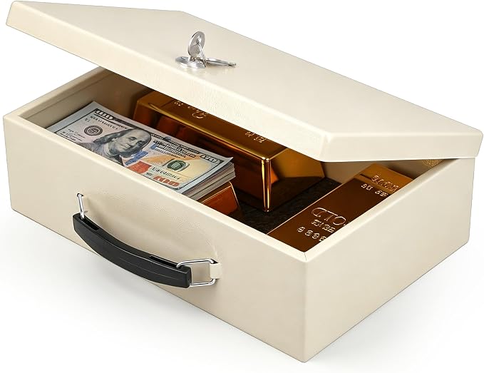 xydled Fire Resistant Safe Fire Safe Box with Key Lock for Home Office Security Storage for Valuables Documents,12.8 x 8.5 x 4.5 Inch,White,Beige