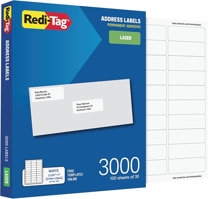 Redi-Tag Printable Address Labels, Customizable Stickers, 1" x 2-5/8", White, 3000 Blank Mailing and Shipping Labels, for Laser Printers Only (1009572)