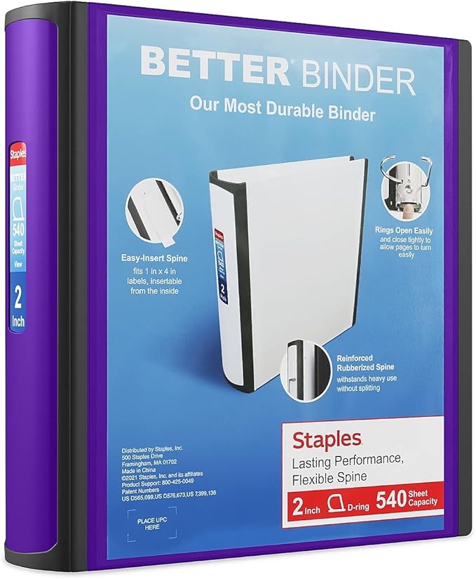 Staples Better 2-Inch 3-Ring Binder, Purple – Heavy-Duty Binder for School & Office Storage