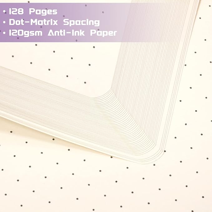 Dotted Journal/Notebook - Dot Grid Hard Cover Notebook, Premium Thick Paper with Fine Inner Pocket, Black Smooth Faux Leather, Pen Loop, 5.3'' x 8.26'' - Purple