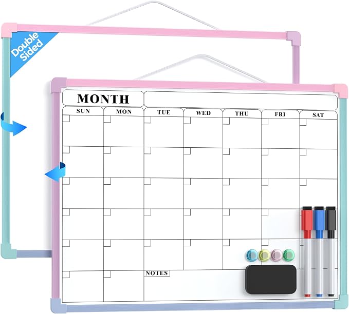 MaxGear Monthly Calendar Dry Erase Board for Wall, 16"x12", Macaron Frame | Double-Sided, Hanging Small White Board, Portable Whiteboard for Planning, Drawing, Memo, to Do List, Home, Kitchen, Office