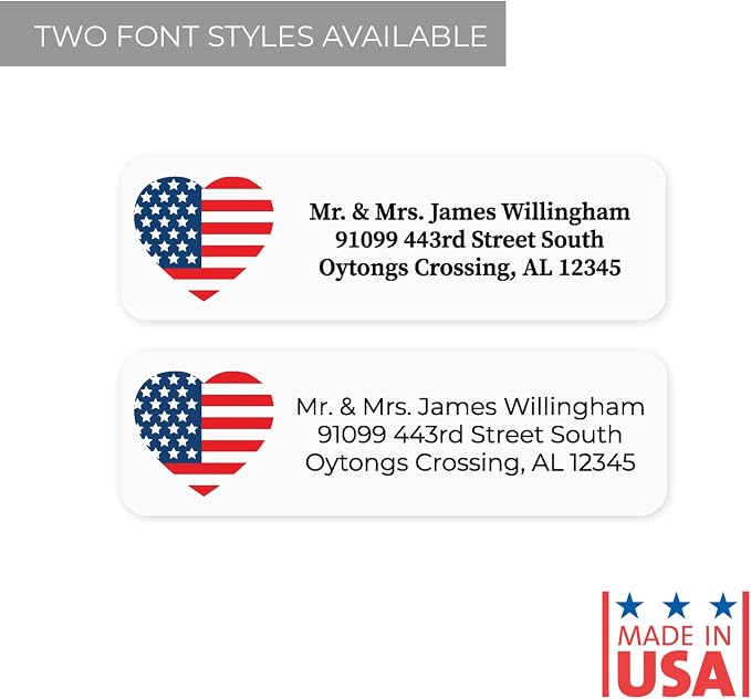 American Flag Heart Rolled Address Labels/Roll of 500 Personalized Return Address Labels/Designer Return Address Stickers in Elegant Plastic Dispenser