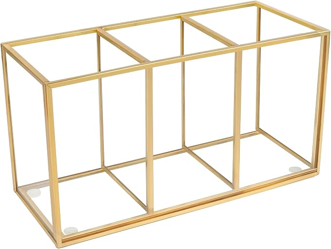 Pencil Holder for Desk,Tempered Glass Pen Holder,3&4 Compartments,Desktop Storage Organizer for Office Supplies,School Supplies,Pens,Markers,Pencils,Scissors,Paperclips (Gold, 3 compartments)